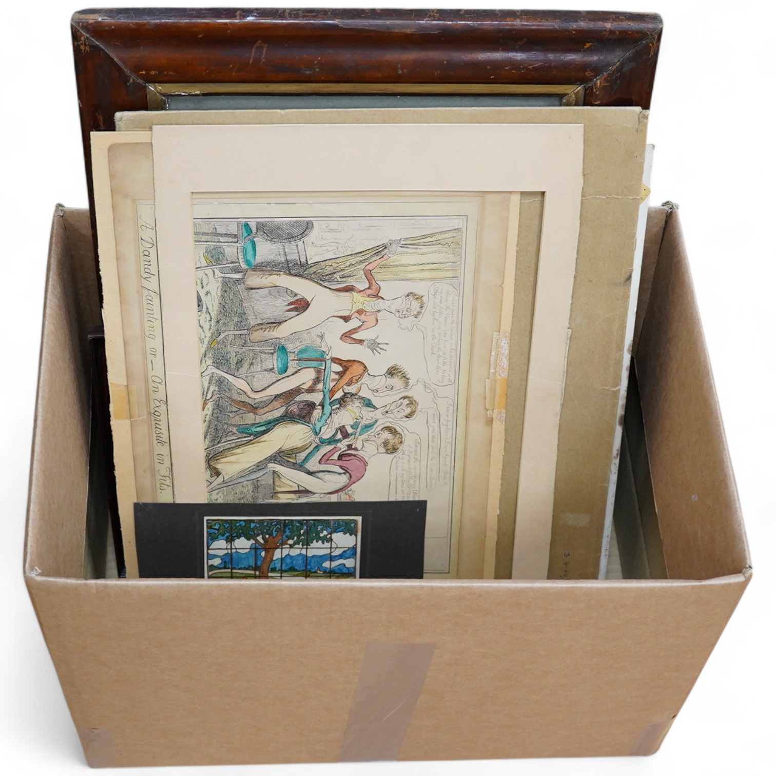 A collection of prints and watercolours to include after John Macwhirter, ‘The incessant roar of headlong tumbling floods’, and After Cruikshank, ‘A Dandy fainting or an exquisite in fits’ and a watercolour inscribed Joh